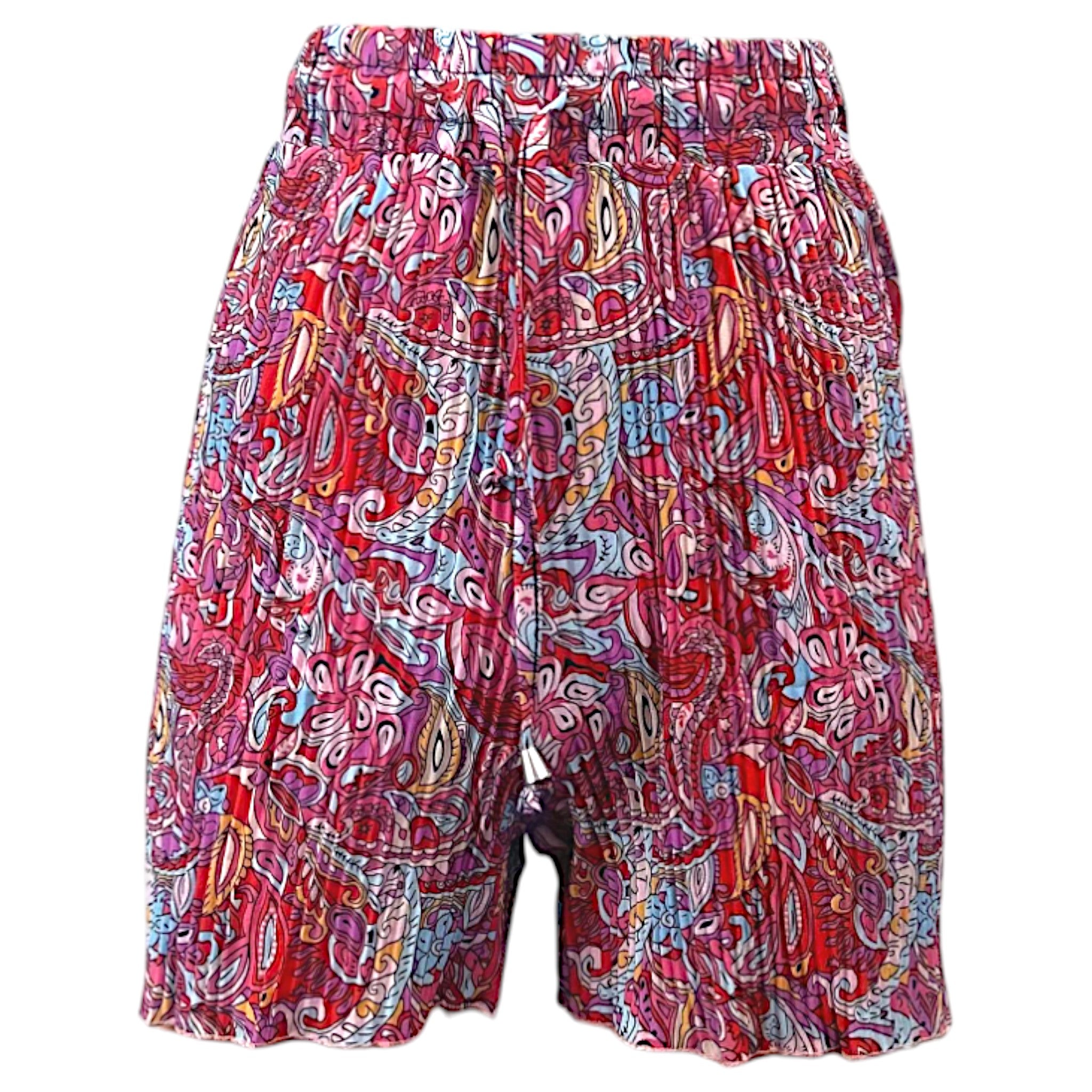 Women's multicolour paisley print shorts with elasticated waist and drawstring tie, lightweight summer casual shorts